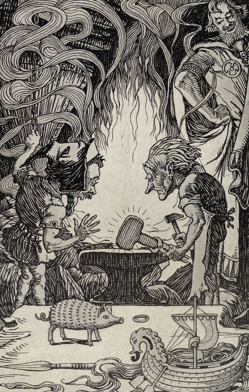 O Terceiro Dom, um Martelo Enorme, ilustração de Myths from Many Lands, publicado em 1912 de Elmer Boyd Smith