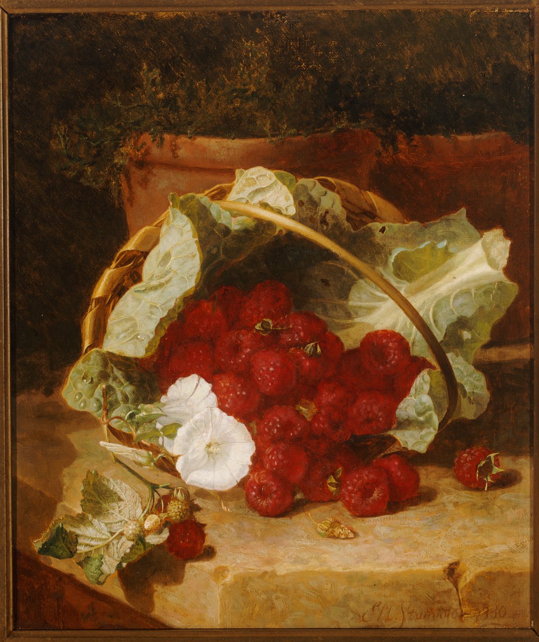 Framboesas em um cesto de folhas de repolho forrado com convulvulus branco em uma borda de pedra, 1880 de Eloise Harriet Stannard