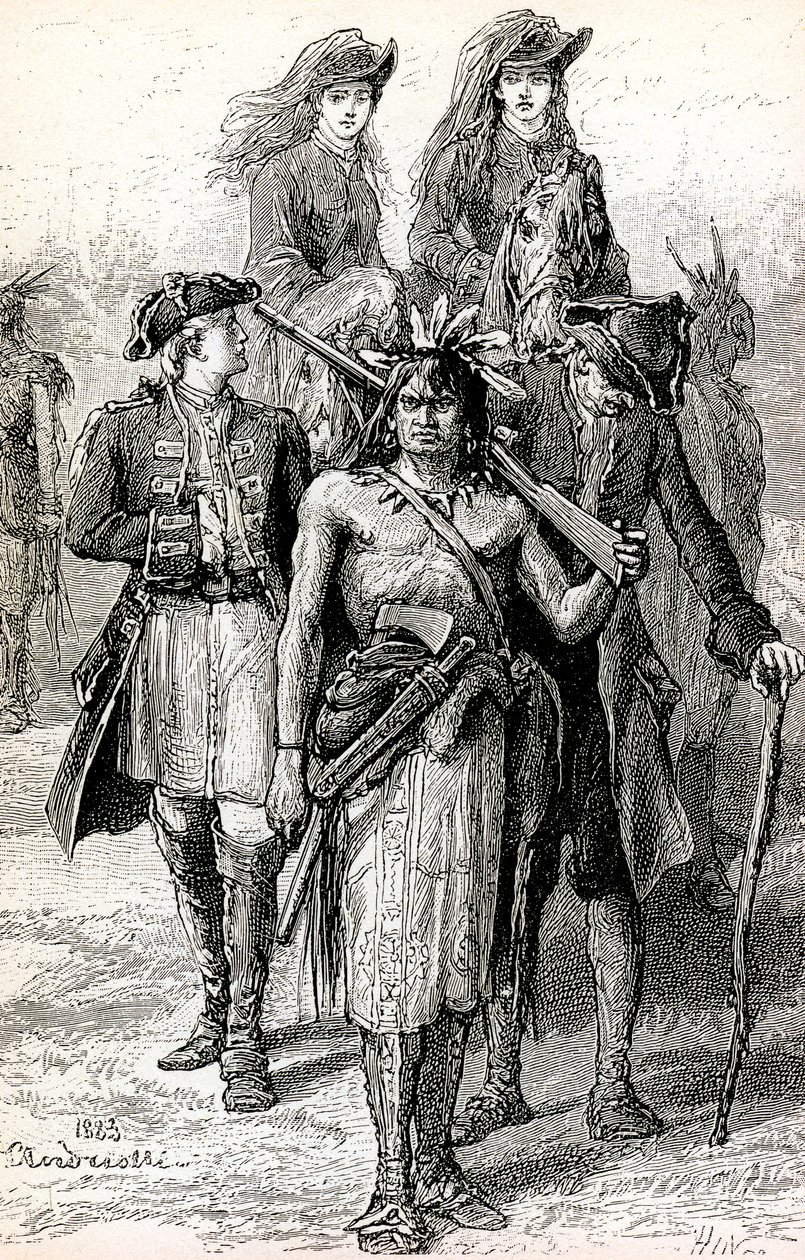 Magua lidera as filhas do Coronel Munro, com o Major Duncan Heyward e David La Gamme de Elviro Michael Andriolli