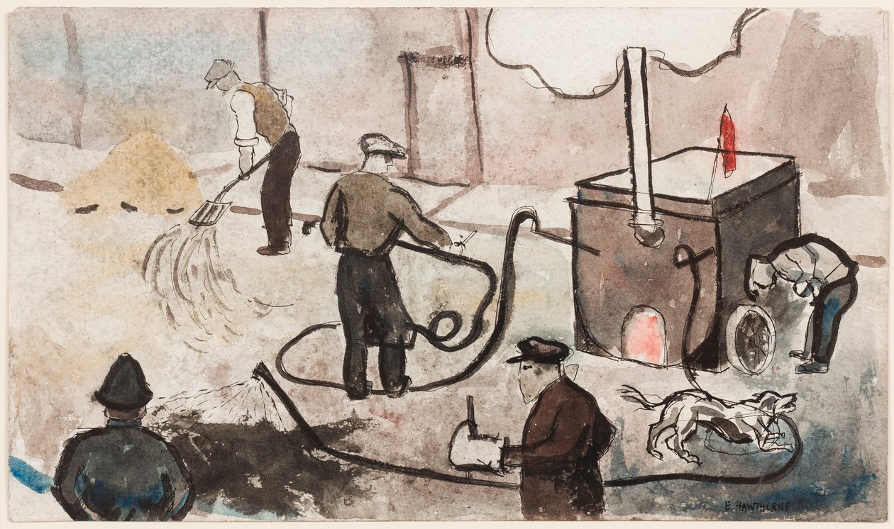 Londres: East End street works, c.1935 (tinta e aguarela sobre papel) de Elwin Hawthorne