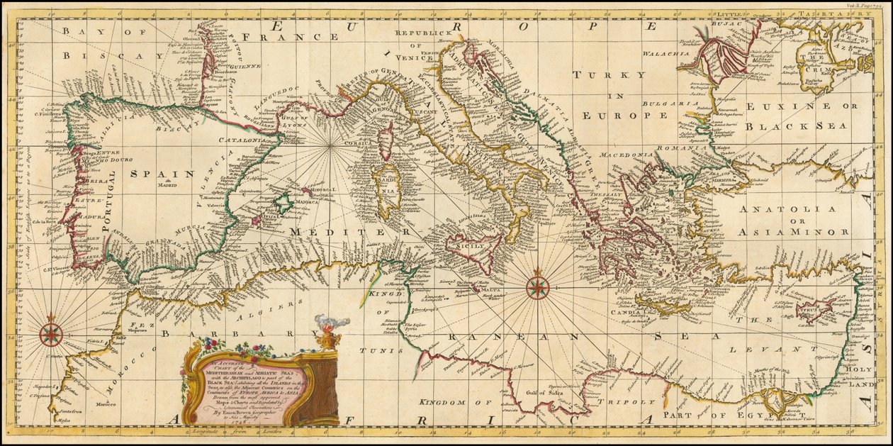 Mapa de 1748 - Uma carta exacta dos mares Mediterrâneo e Adriático; com o Arquipélago e parte do Mar Negro de Emanuel Bowen