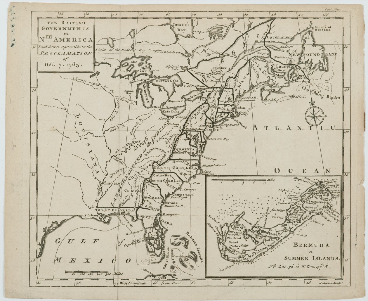 Mapa dos Governos Britânicos na América do Norte, gravado por J. Gibson de Emanuel Bowen