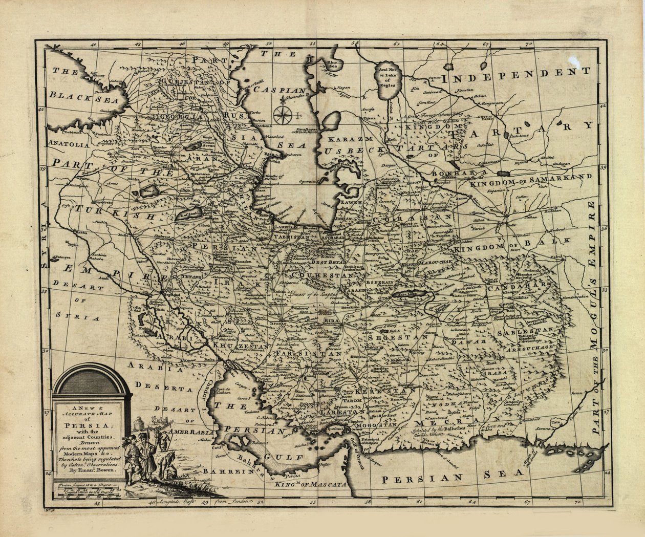 Mapa novo e preciso da Pérsia, com o Império Safavid e Mughal de Emanuel Bowen