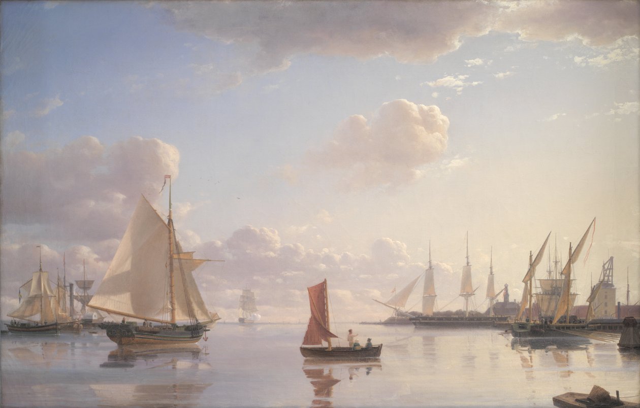 Vista de Langelinie para os estaleiros navais reais em Nyholm, Copenhaga. Luz da manhã de Emanuel Larsen