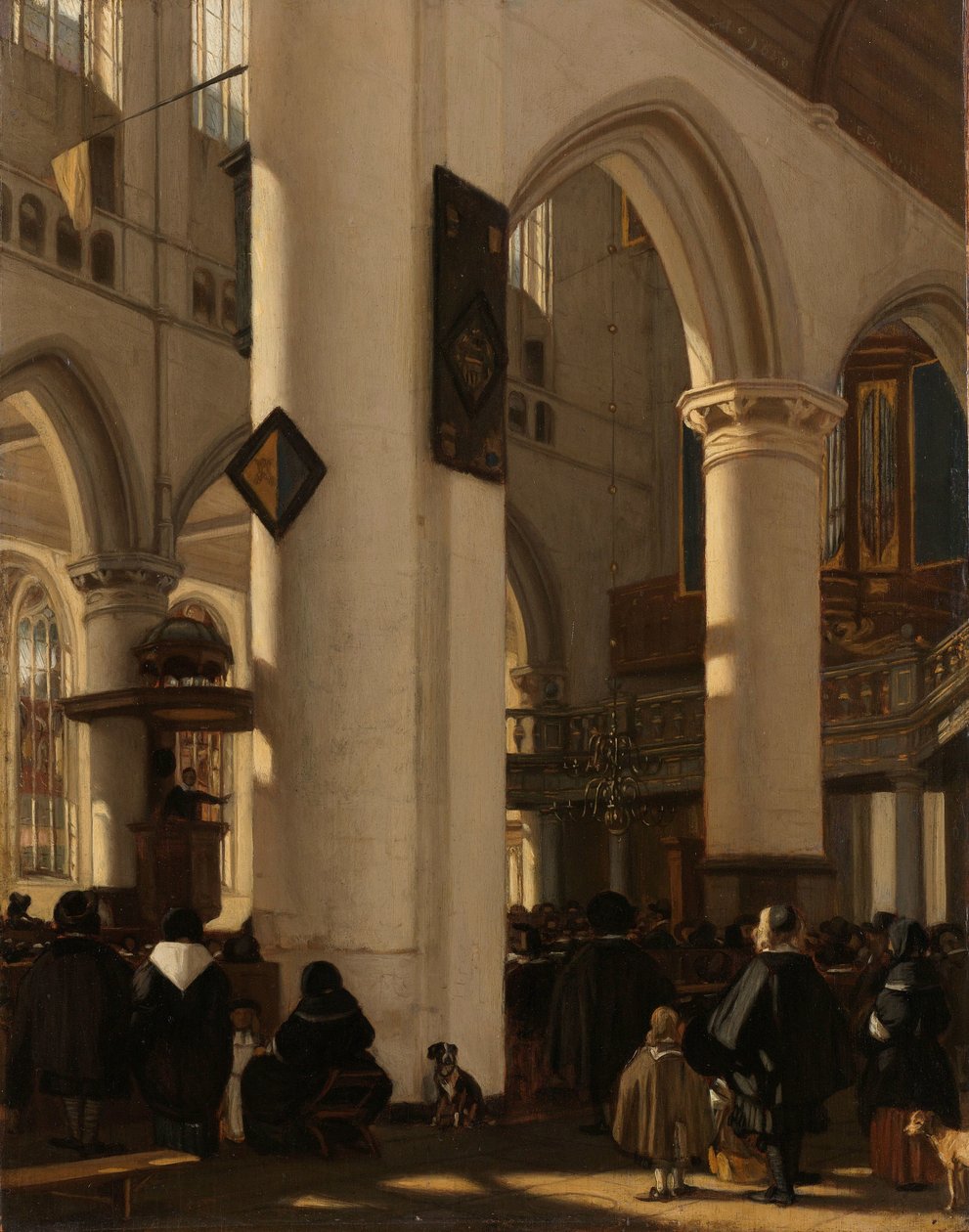 Interior de uma Igreja Protestante, Gótica durante um Culto
Interior de uma igreja protestante gótica com motivos do Oude Kerk em Amesterdão de Emanuel de Witte