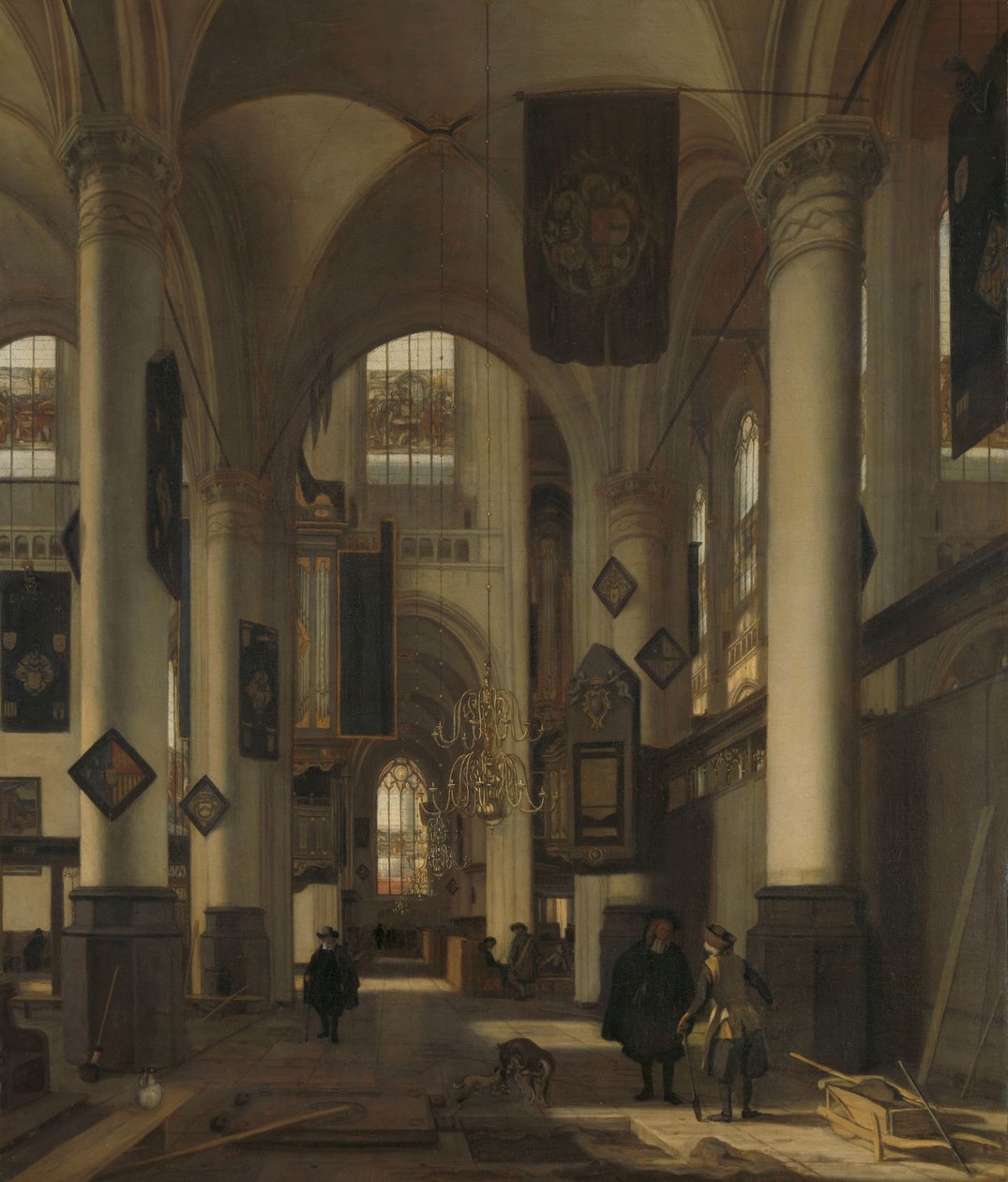 Interior de uma igreja gótica protestante com motivos do Oude e Nieuwe Kerk em Amsterdã de Emanuel de Witte