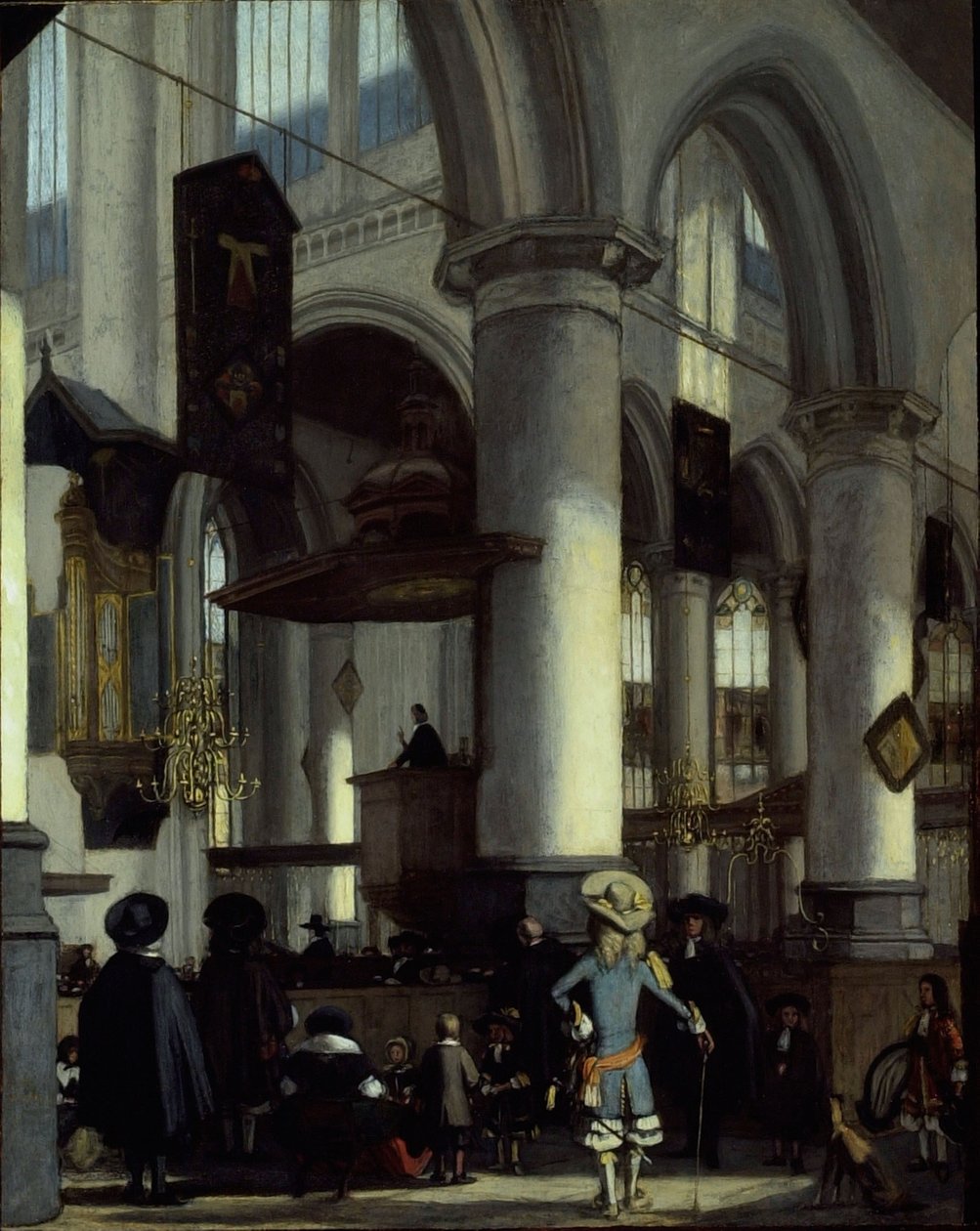 Interior do Oude Kerk, Delft, c.1680 (óleo sobre painel) de Emanuel de Witte