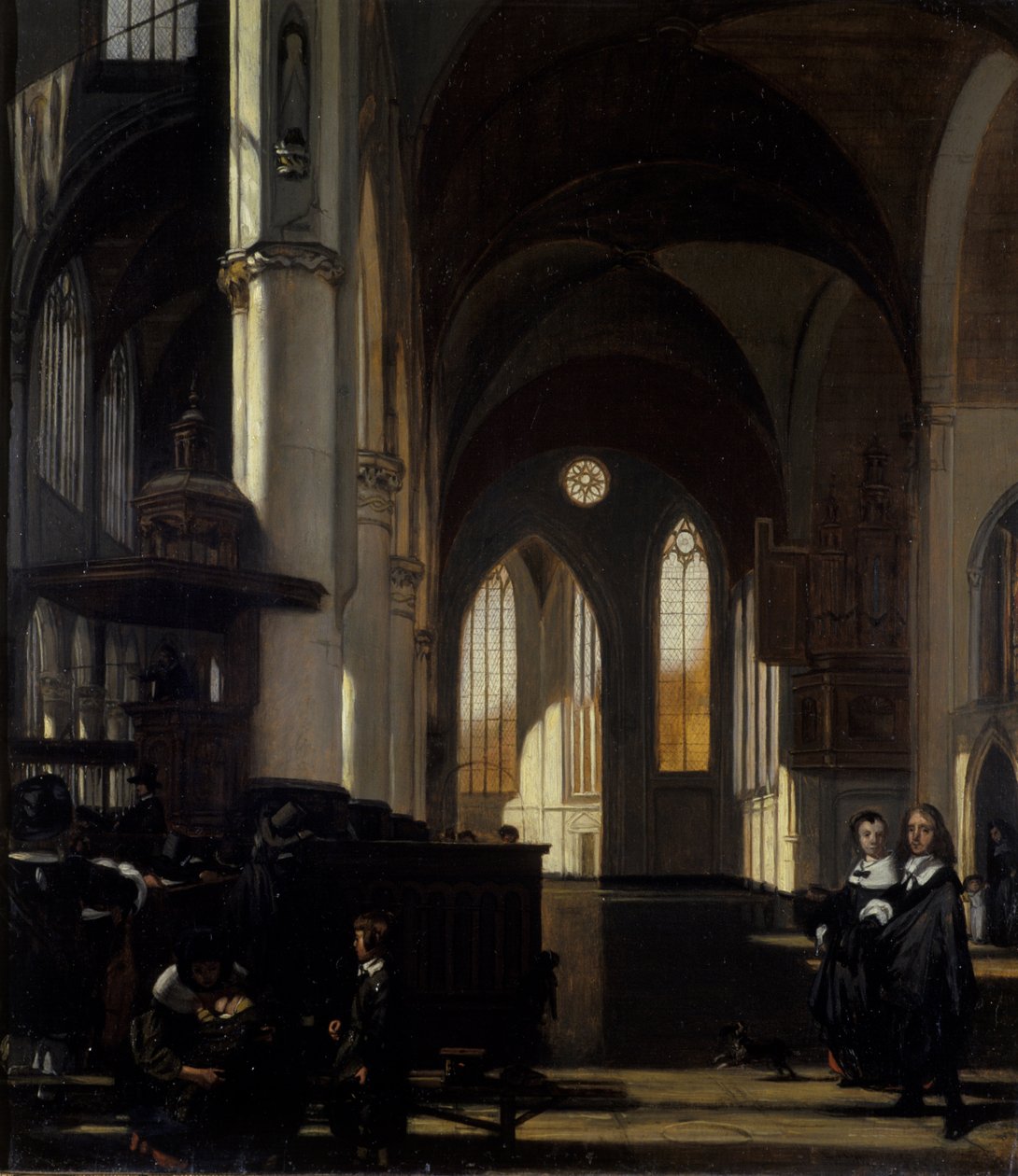 O interior de uma igreja gótica, c.1650 (óleo em carvalho) de Emanuel de Witte