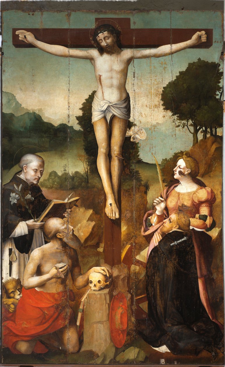 Crucificação de Cristo com São Domingos, São Jerónimo, Santa Catarina de Alexandria e São Pedro mártir de Emanuele & Pancalino Cristoforo (Raffaello de Rossi) (fl.1525 1578) Macario