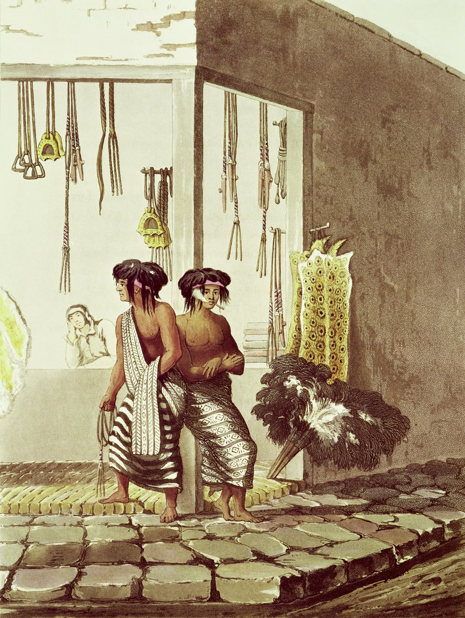 Pampa índios em uma loja no mercado indiano de Buenos Aires, de "ilustrações pitorescas de Buenos Aires e Montevidéu", gravada por J. Bluck (fl.1791-1819) 1820 de Emeric Essex Vidal