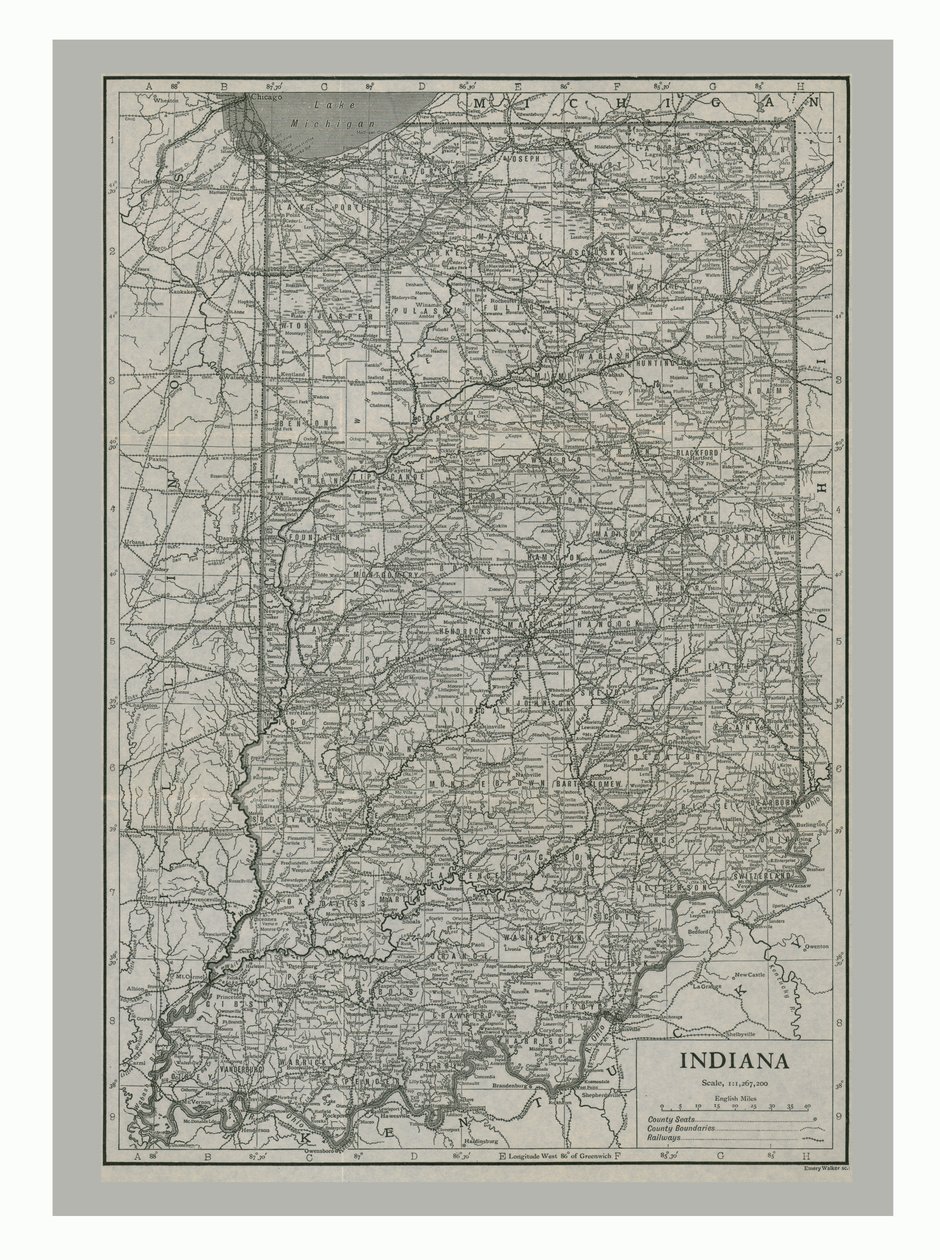 Mapa de Indiana, EUA, c1900s de Emery Walker