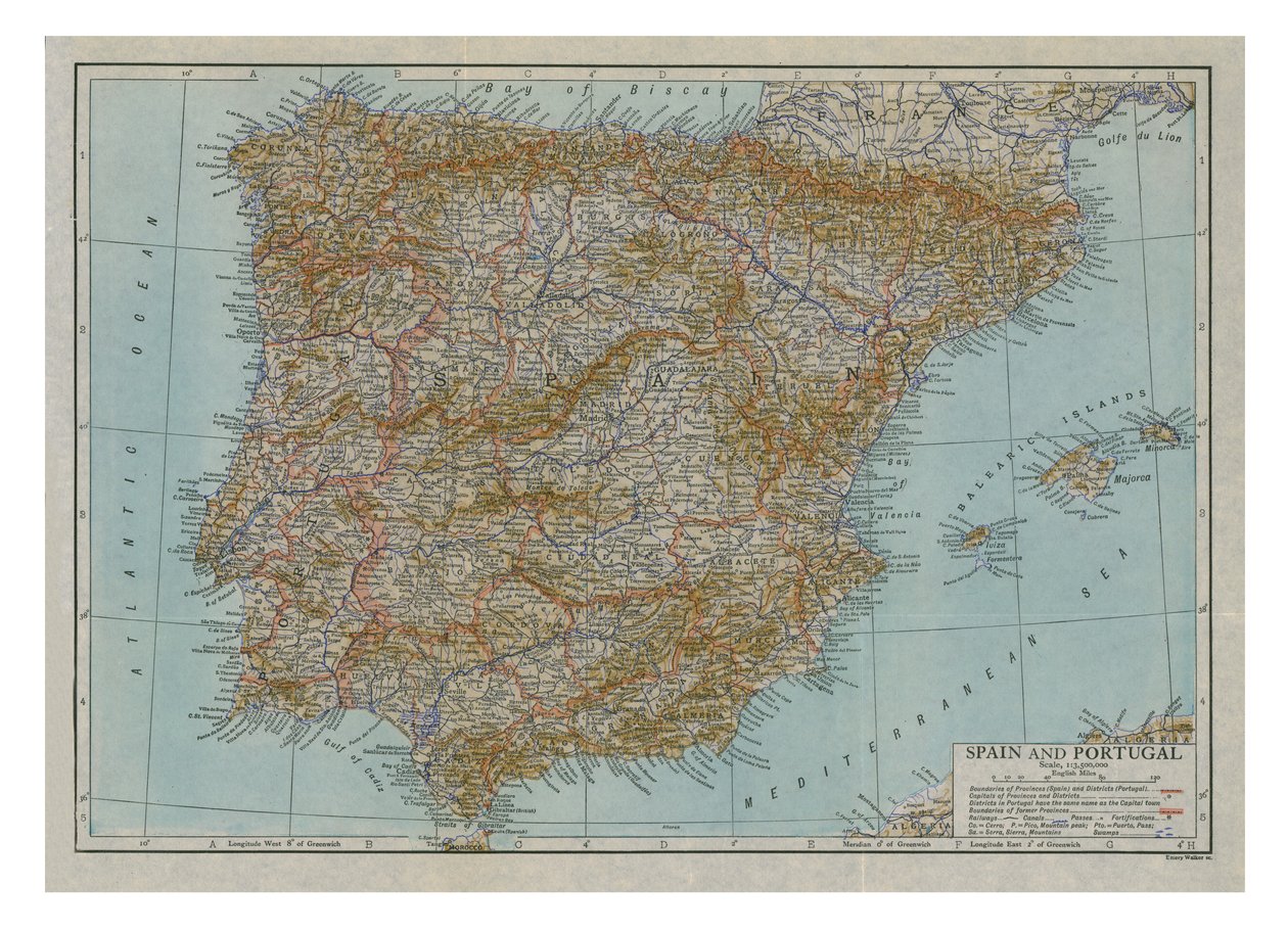 Mapa da Espanha e de Portugal, c1910. de Emery Walker