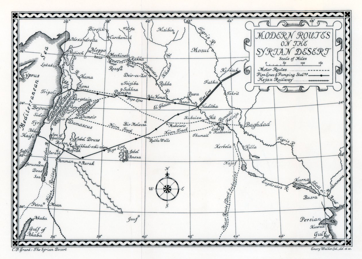 Rotas e oleodutos e ferrovias, deserto da Síria, 1937 de Emery Walker