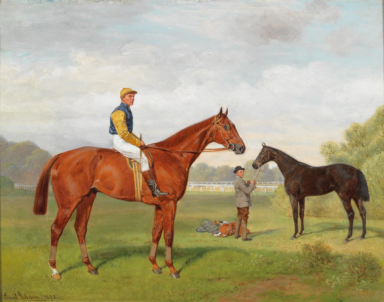 Arulo e Komamasszony, dois cavalos de corrida vitoriosos do Barão Hermann von Konigswarter com o jóquei Robert AdamsnInglês: Arulo e Komamasszony, dois cavalos de corrida vitoriosos da propriedade do Barão Hermann von Konigswarter com o jóquei Robert Adams de Emil Adam
