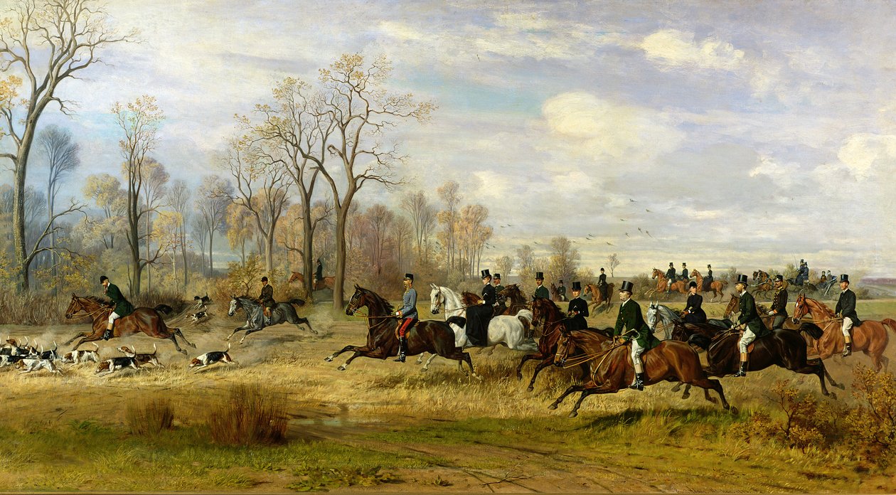 Imperador Franz Joseph I da Áustria caçando cães com a Condessa Larisch na Silésia, 1882 de Emil Adam