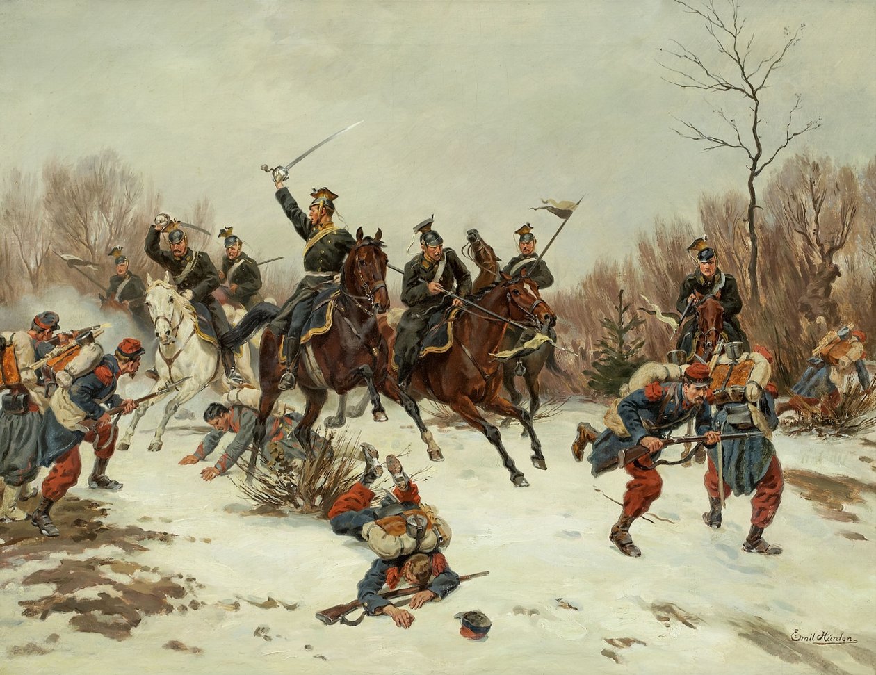 Batalha entre os ulanos prussianos e soldados de infantaria franceses de Emil Hünten