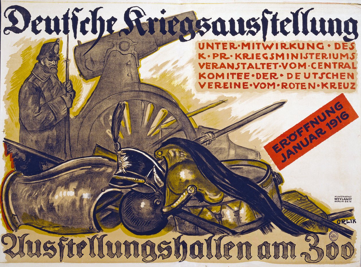 Cartaz publicitário de uma Exposição de Guerra patrocinada pela Cruz Vermelha Deutsche Kriegsausstellung, janeiro de 1916, 1916 de Emil Orlik
