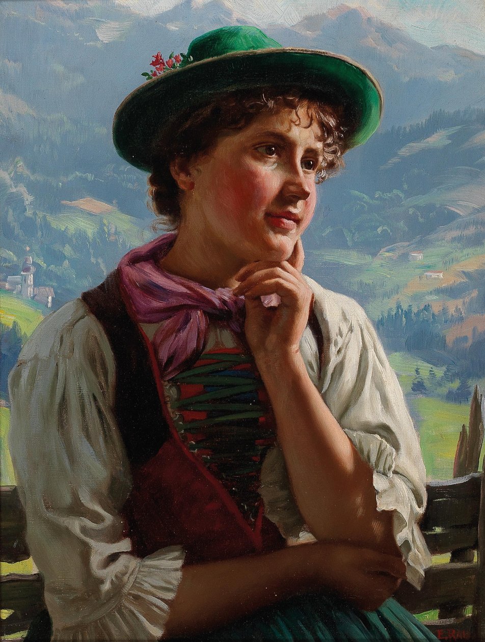 Menina, em, traje tradicional, em, um, alpino, paisagem de Emil Rau