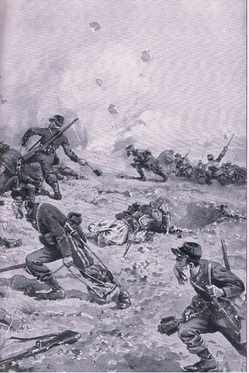 Um ataque francês de granada de mão em Les Spanges, de The Illustrated History of the World War 1914-1915 pub. pela Union Berlagsefellfchaft de Emil (after) Limmer