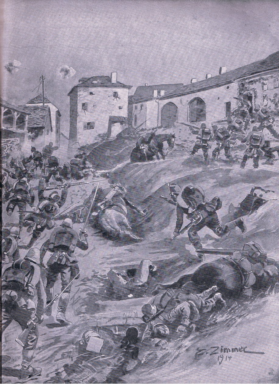 O Batalhão de Caçadores Aschaffenberg 2º Batalhão Bávaro em Lagarde Agosto de 1914, de The Illustrated History of the World War 1914-1915 pub. pela Union Berlagsefellfchaft de Emil (after) Limmer
