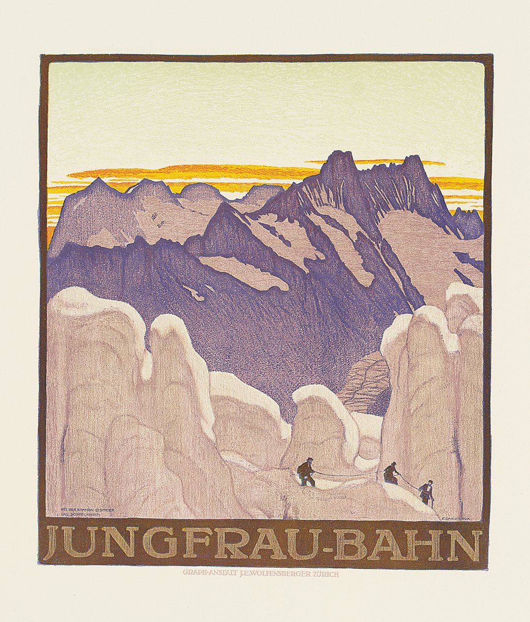 Jungfrau-Bahn, pôster anunciando a ferrovia da montanha Jungfrau (cor lito) de Emil Cardinaux