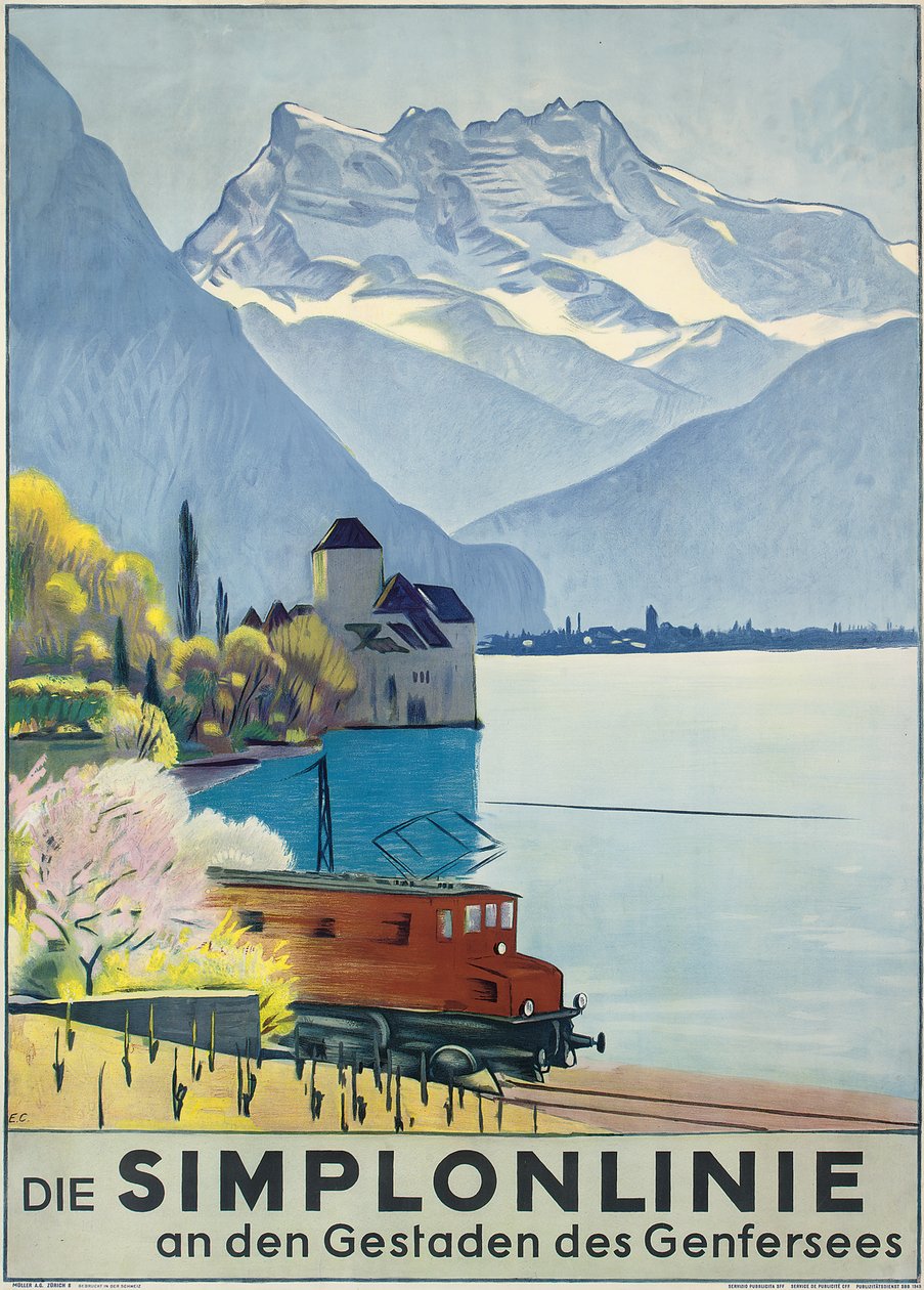 Simplonlinie &39;, viagem ferroviária de propaganda em cartaz ao redor do Lago de Genebra (litografia colorida) de Emil Cardinaux