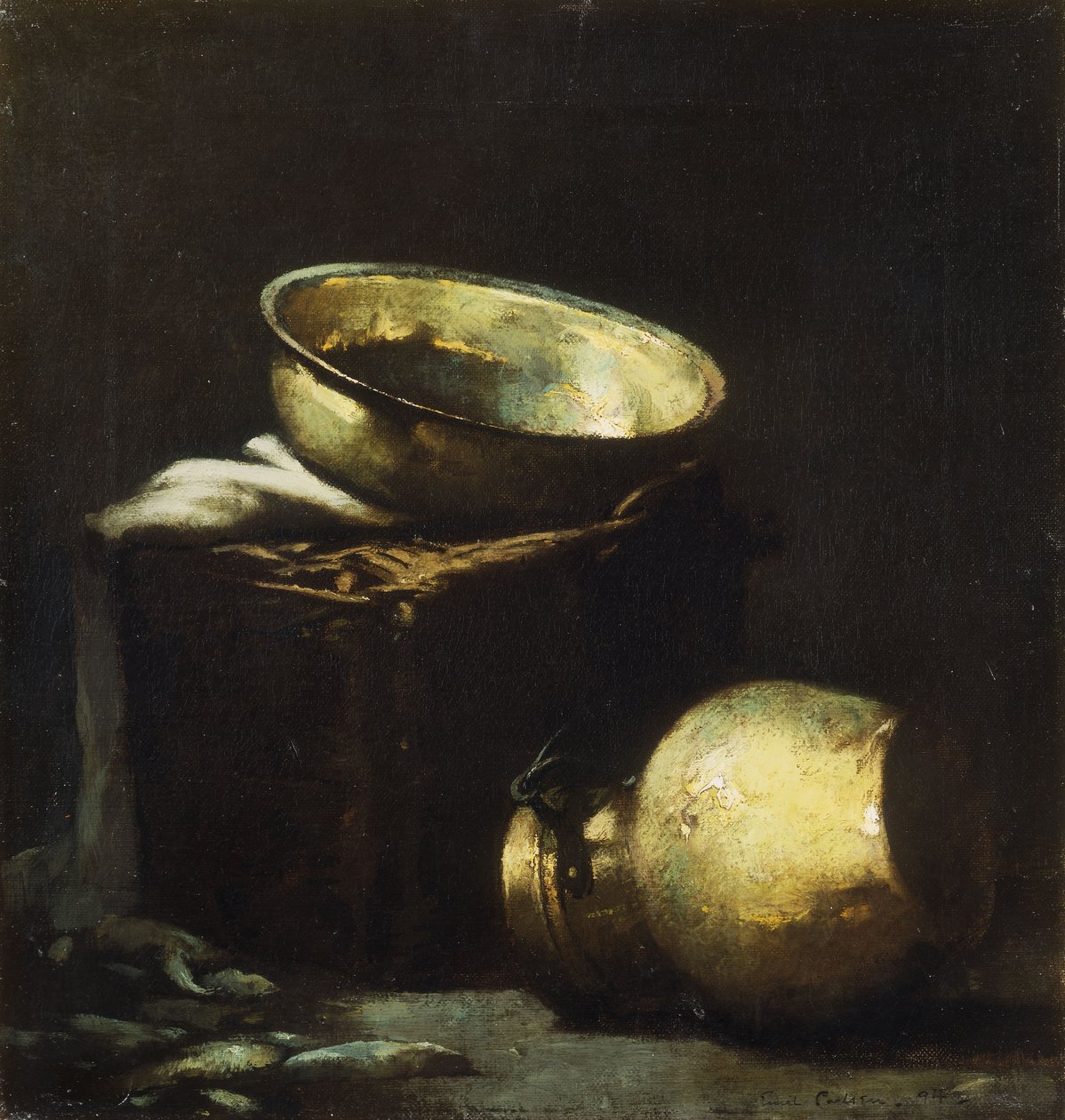 Natureza morta com potes de cobre e peixe preto de Emil Carlsen