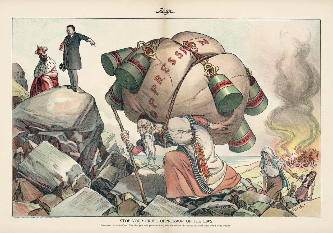 Stop Your Cruel Oppression of the Jews, revista Judge de Setembro de 1905 (cromolitografia) de Emil Flohri