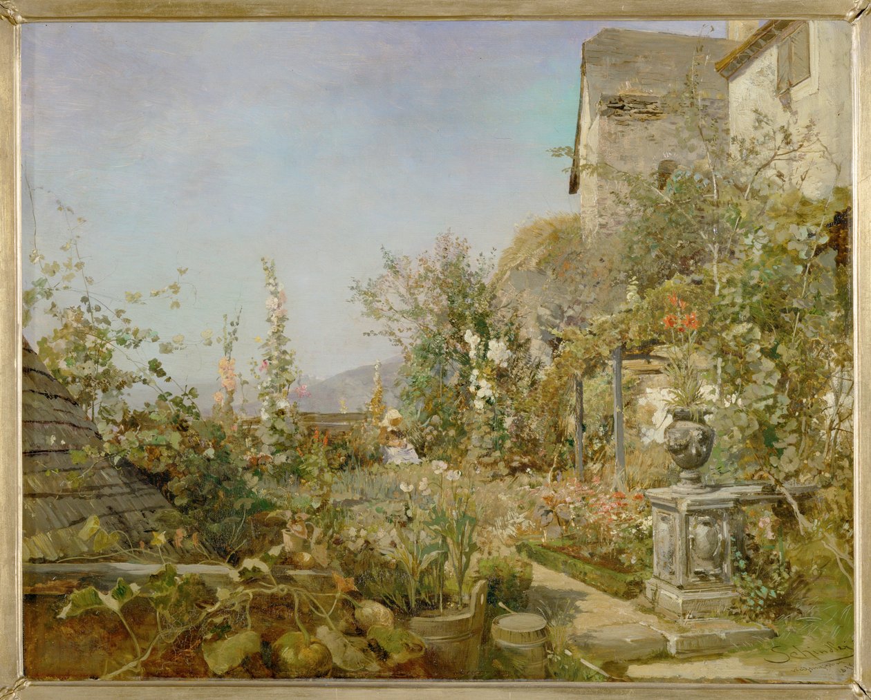 Blumengarten in Weissenkirchen - Jardim com flores em Weissenkirchen ... (óleo sobre madeira) de Emil Jakob Schindler
