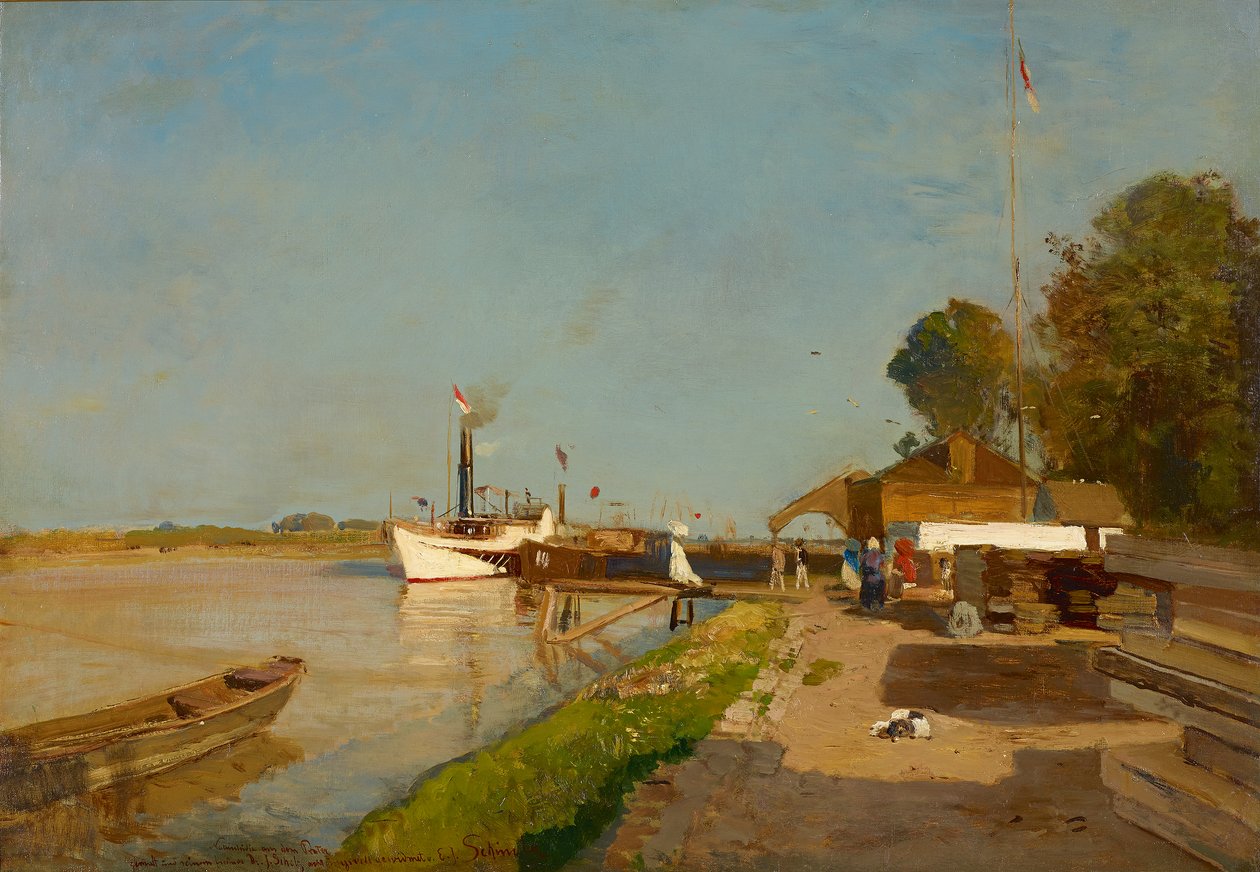 A estação de barcos a vapor no Danúbio em frente a Kaisermühlen de Emil Jakob Schindler