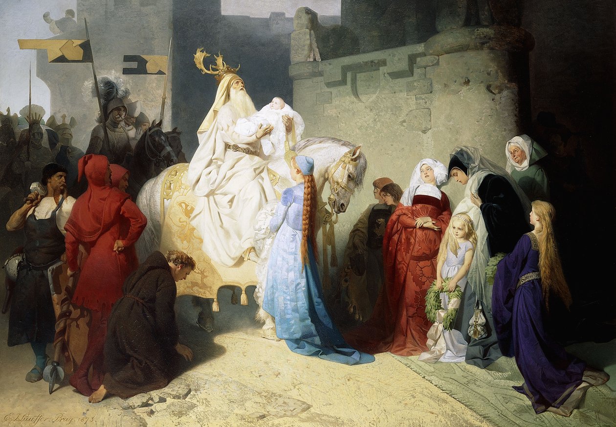 Merlin apresentando o futuro rei Arthur, 1873 de Emil Johann Lauffer