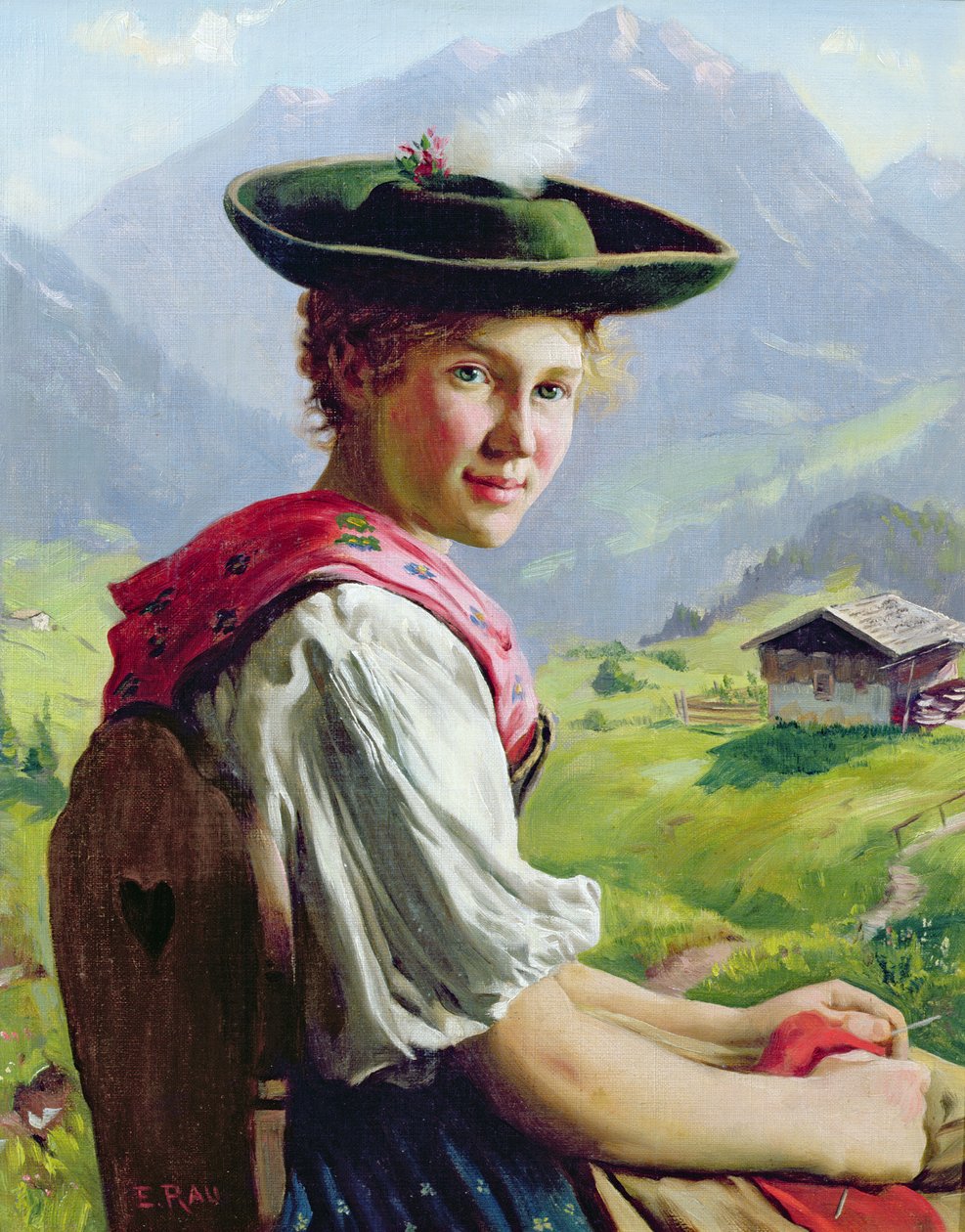 Menina, com, um, chapéu, em, paisagem montanha de Emil Karl Rau