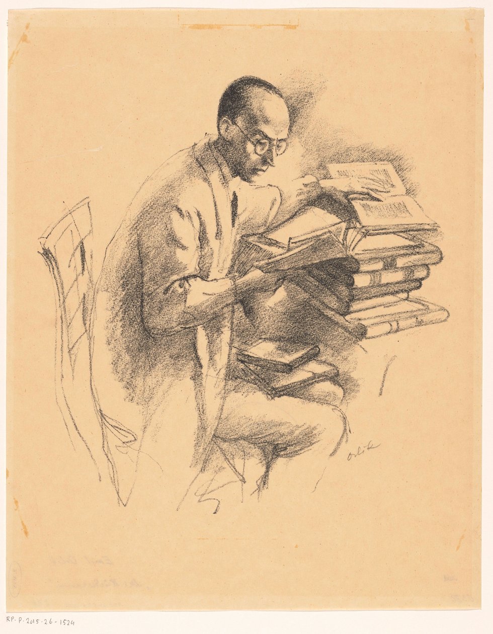 Homem atrás de uma secretária cheia de livros de Emil Orlik (signed by artist)