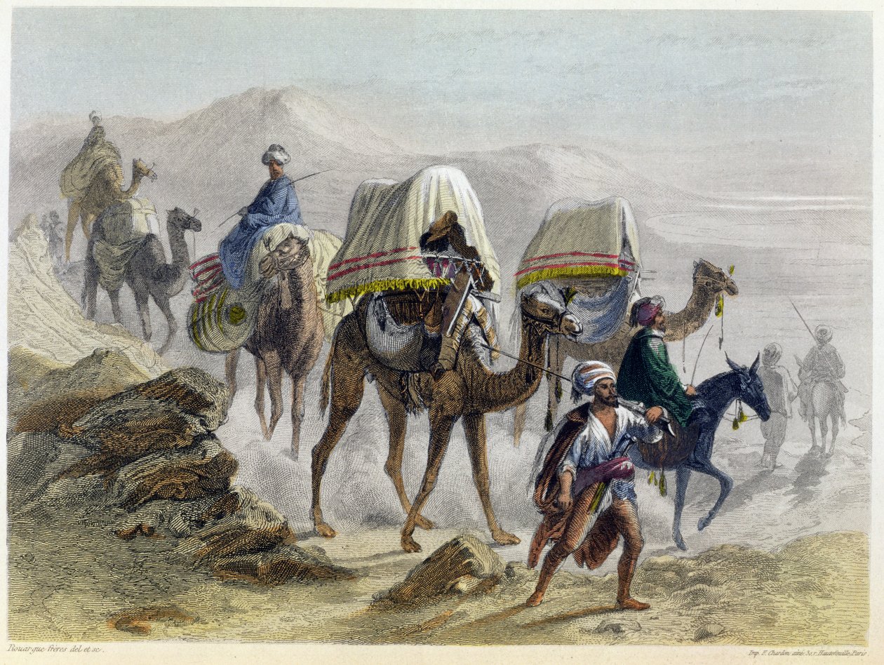 O trem do camelo, de "Constantinopla e do Mar Negro", gravado pelos irmãos Rouergue, 1855 de Emile and Rouergue Rouergue