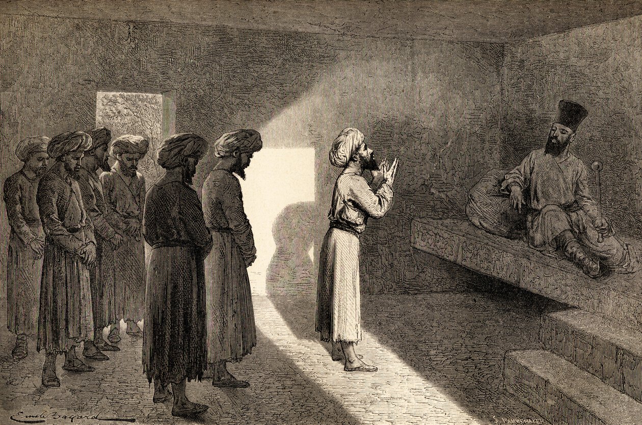 Arminio Vambery recebeu em audiência pelo Khan de Khiva, Uzbequistão, na Ásia Central, durante suas viagens para lá em 1863, ilustração de "O Mundo nas Mãos", gravada por Stephane Pannemaker (1847 de Emile Antoine Bayard