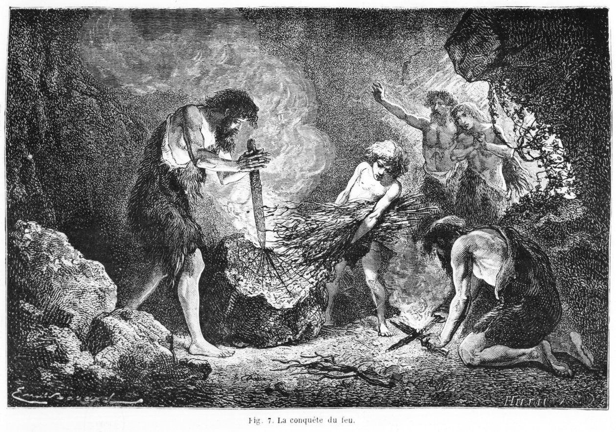 Conquista do fogo, ilustração de &39;L&39;Homme Primitif&39; por Louis Figuier (1819-94) gravada por Henri Theophile Hildibrand (1824-97) publicou Hachette, 1870 de Emile Antoine Bayard