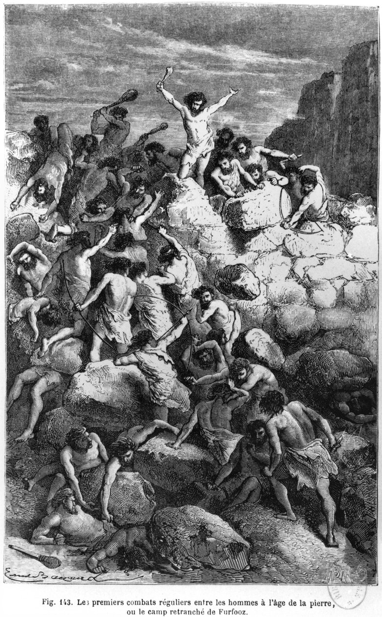 Primeiras Lutas da Idade da Pedra, ilustração de &39;L&39;Homme Primitif&39; de Louis Figuier (1819-94), publicada por Hachette, 1870 de Emile Antoine Bayard