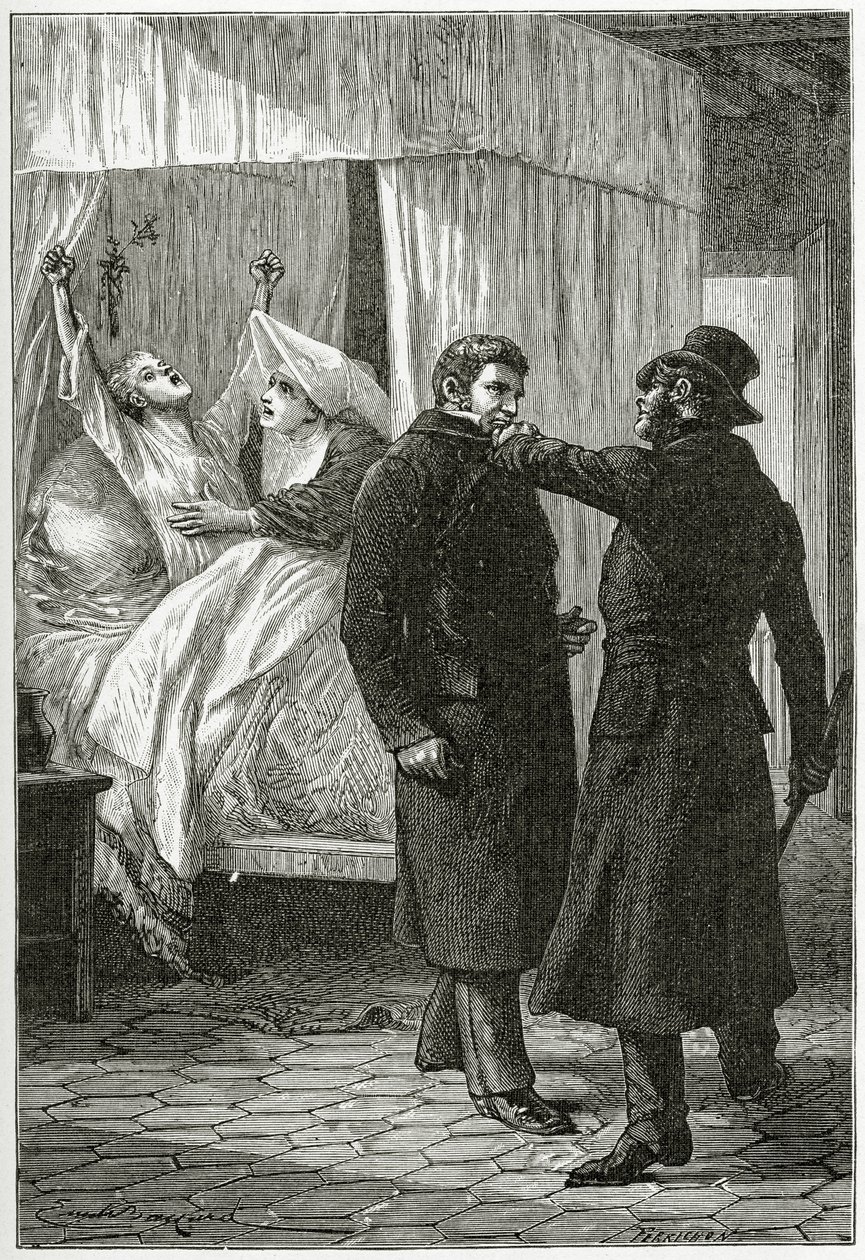 A morte de Fantine - Ilustração de Les Miserables, século XIX (gravura bw) de Emile Antoine Bayard