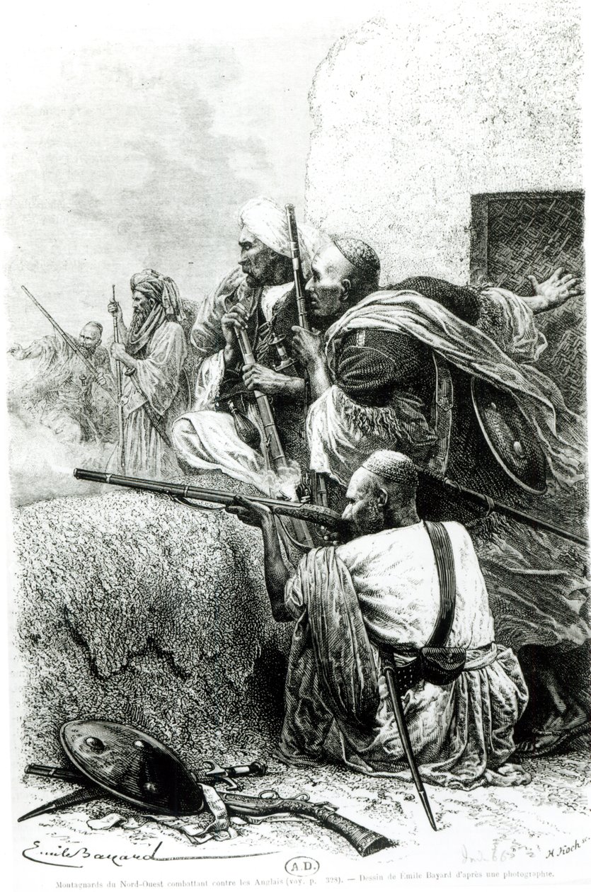 Tropas de montanha afegãs do noroeste lutando contra os britânicos, gravadas por H. Koch de Emile Antoine Bayard