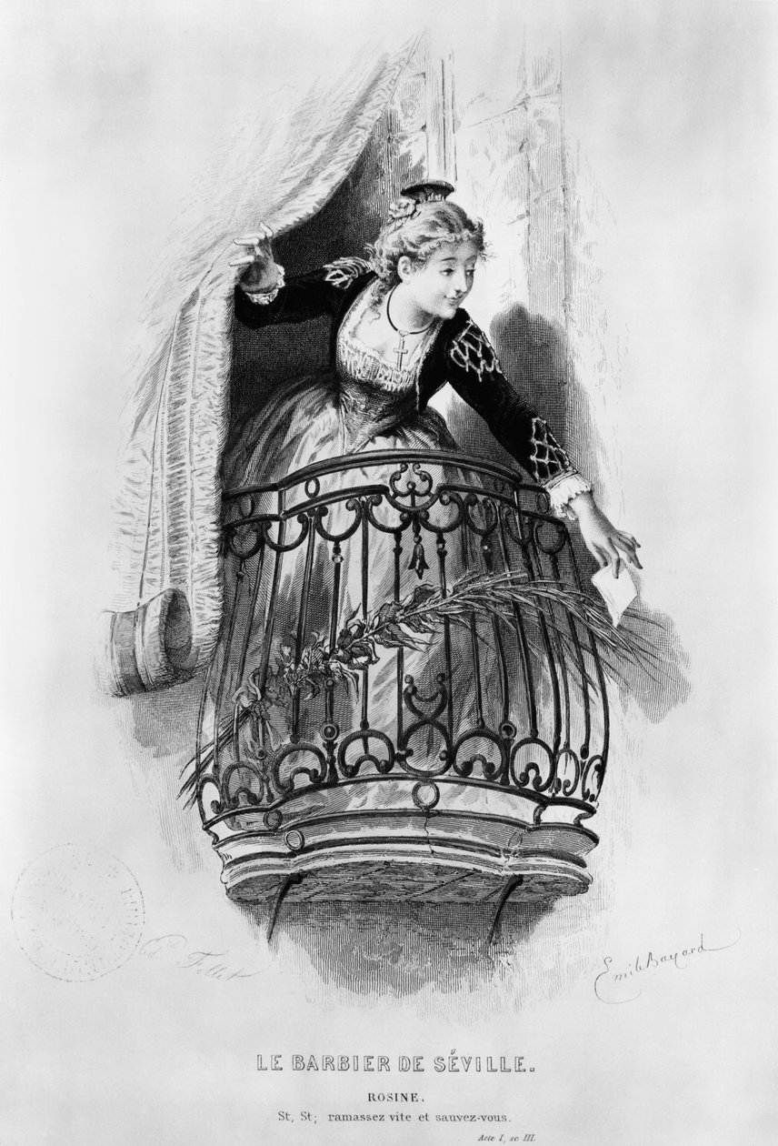 Rosine, ilustração do Ato I Cena 3 de &39;O Barbeiro de Sevilha&39; de Pierre Augustin Caron de Beaumarchais (1732-99) gravado por Fillet 1876 de Emile Antoine Bayard