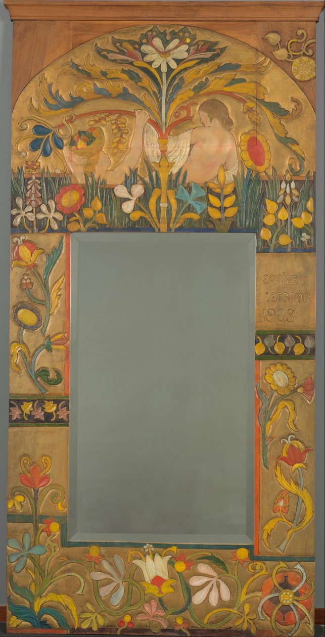 Moldura de espelho decorada com plantas, flores e duas figuras femininas de Emile Bernard