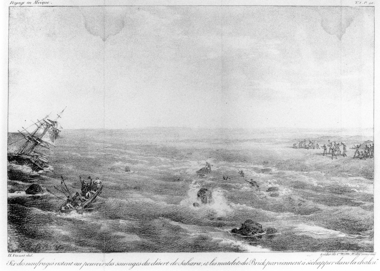 O Naufrágio de &39;Sophie&39; na Costa do Saara, frontispício de &39;Afundamento do brigue francês que Sophie perdeu em 30 de maio de 1819 na Costa Oeste da África&39; por Charles Cochelet, gravado por Motte, publ de Emile Jean Horace Vernet