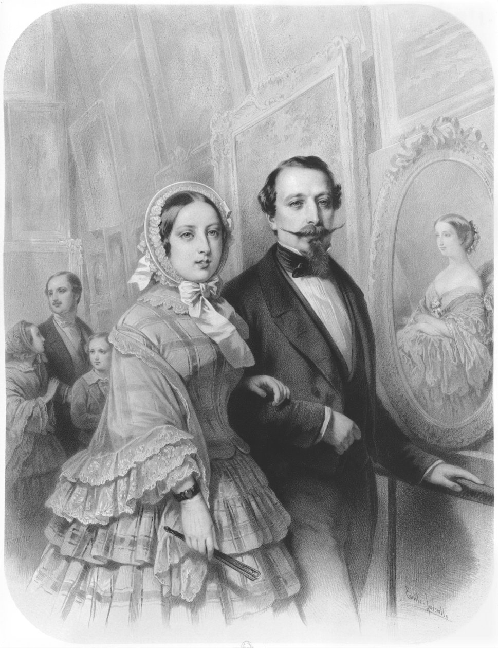 Rainha Victoria e Napoleão III Imperador da França, visitando a galeria de arte da Exposição Universel em Paris no dia 20 de agosto de 1855 (depois de H.Holfeld 1804-1872) de Emile Lassalle
