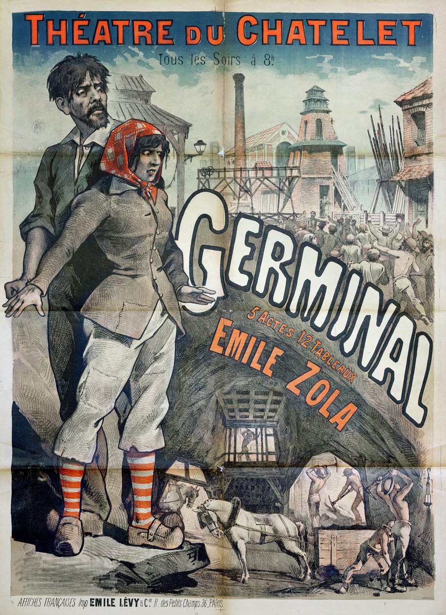 Cartaz publicitário uma performance da peça &39;Germinal&39; de Emile Zola (1840-1902) no Theatre du Chatelet de Emile Levy