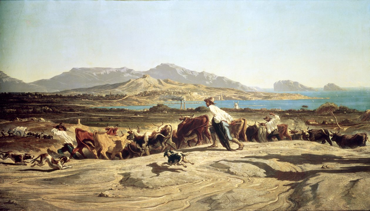 Pastoreio de gado perto de Marselha, 1853 de Emile Loubon