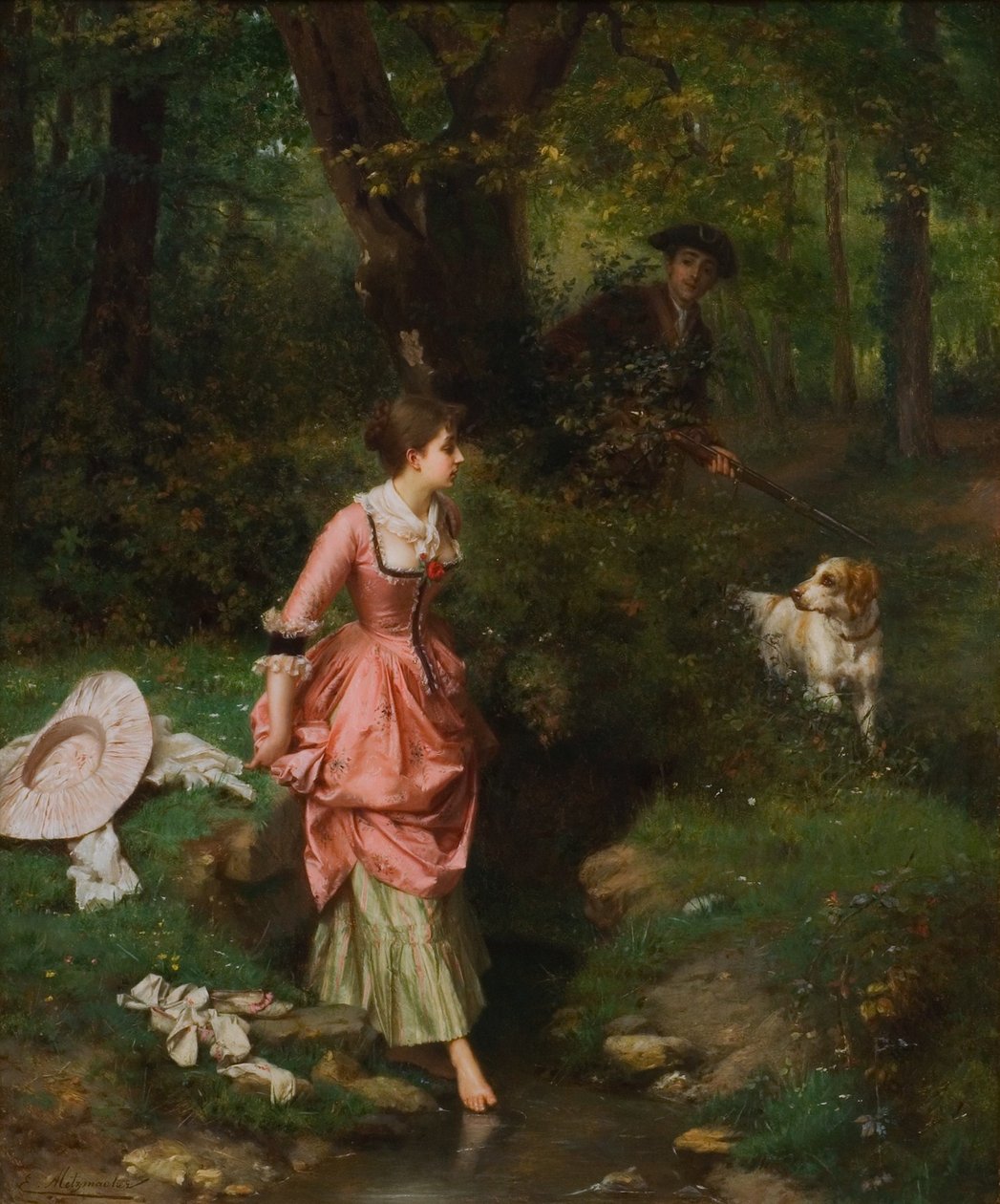A Young Lady Crossing em BrooknFrancais: Uma senhora na floresta de Emile Pierre Metzmacher