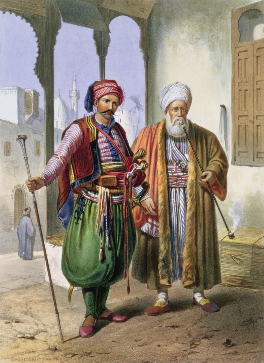 Um janízaro e um comerciante no Cairo, ilustração de "o vale do Nilo", gravado pelo bar de Charles Bour (1814-81). por Lemercier, 1848 de Emile Prisse d