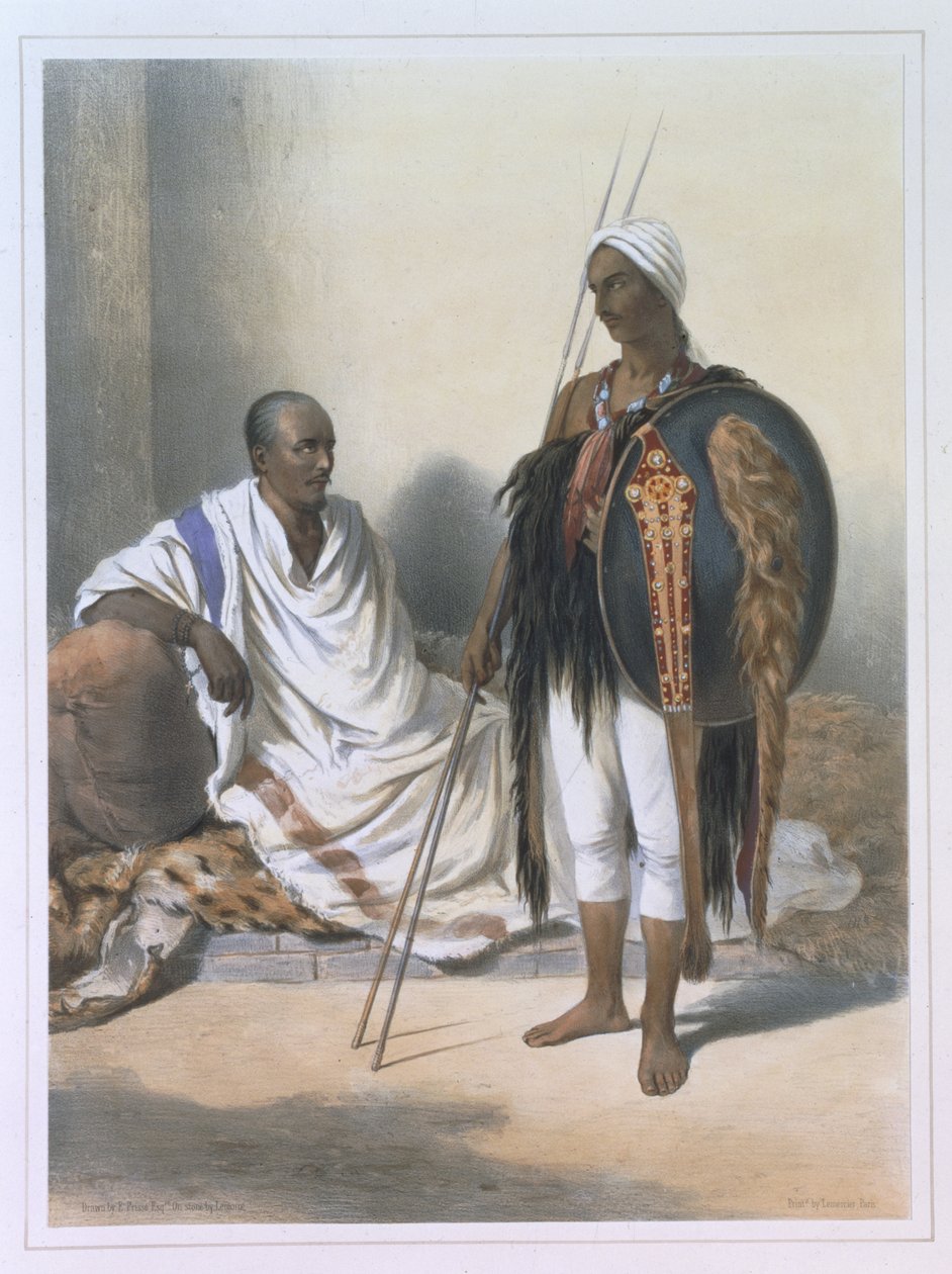 Padre Abyssinian e guerreiro, ilustração "do vale do Nile", gravado por Lemoine, bar. por Lemercier, 1848 de Emile Prisse d