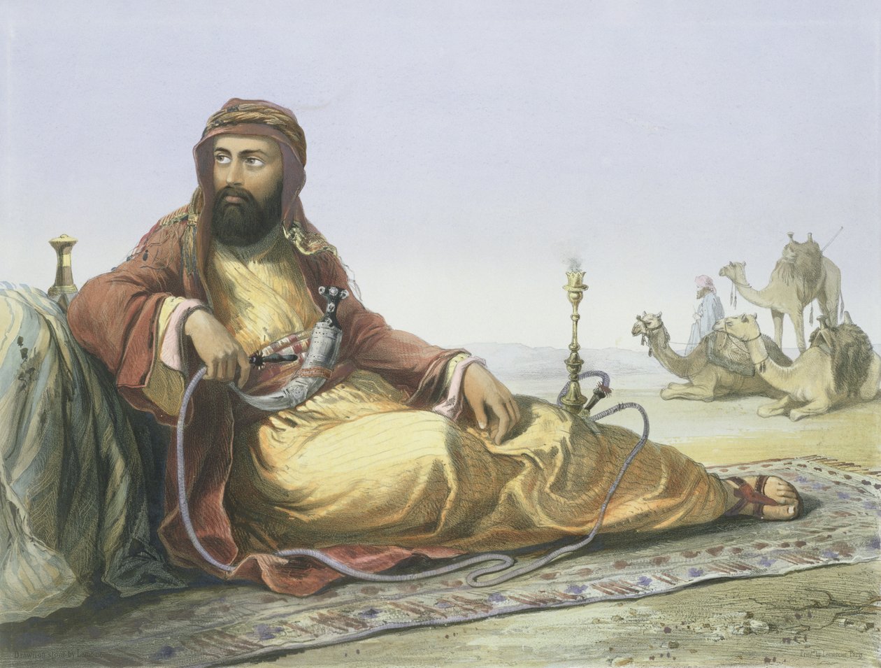 Um árabe descansando no deserto, página de rosto de "O Vale do Nilo", gravado por Lemoine, pub. por Lemercier, 1848 de Emile Prisse d