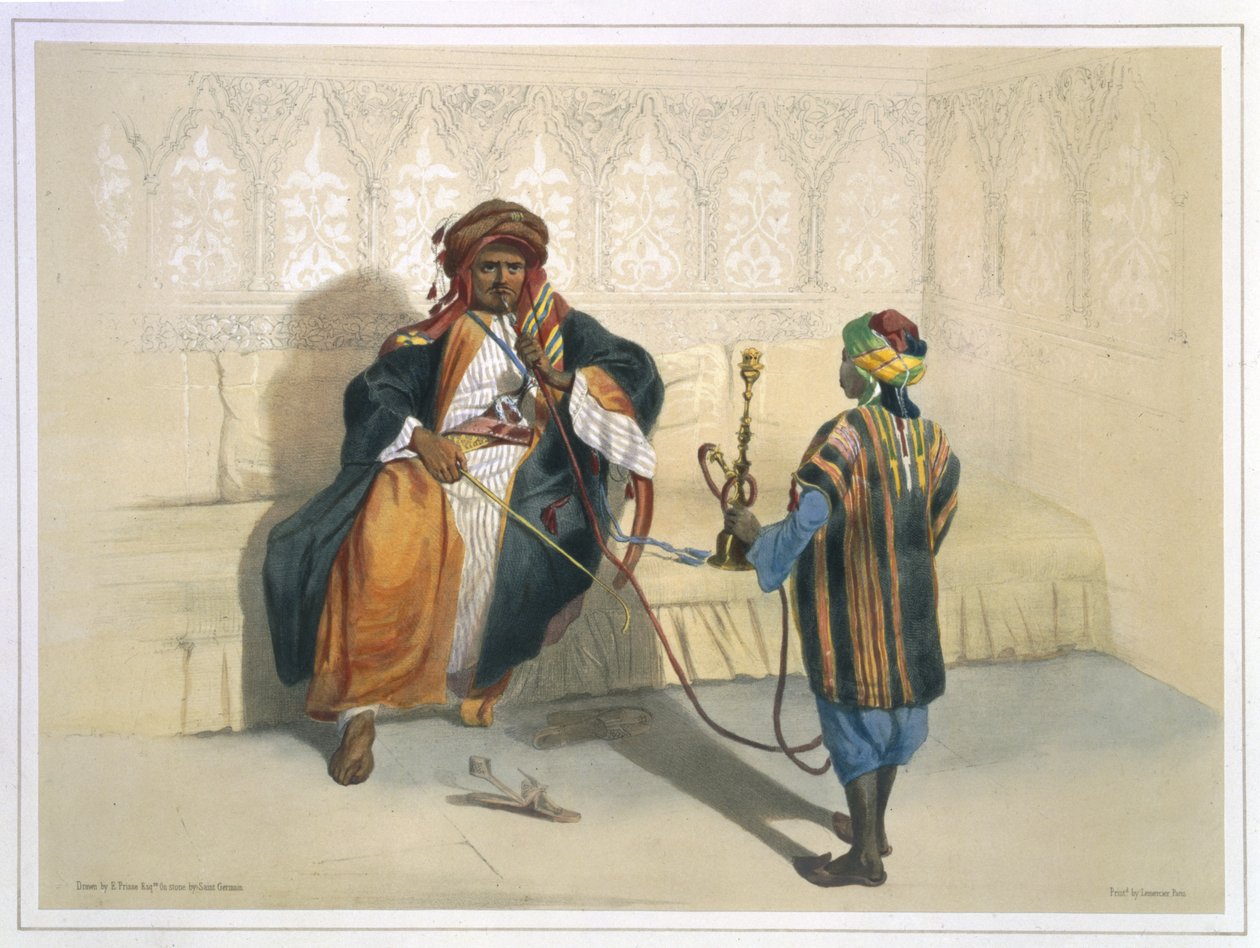 Um Sheikh árabe que fuma, ilustração "do vale do Nile", gravado por St Germain, bar. por Lemercier, 1848 de Emile Prisse d